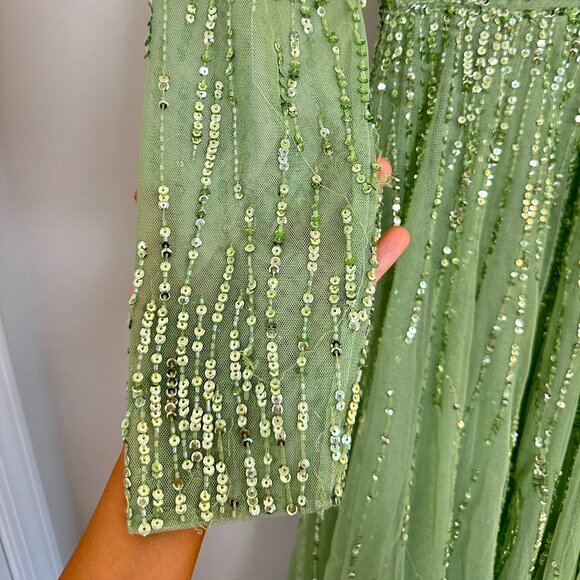 MAC DUGGAL Green Illusion High Neck Long Sleeve Embellished Gown Sage Size US 6 - Picture 9 of 16